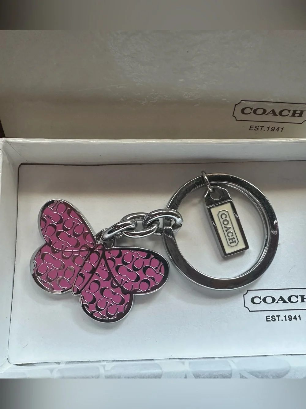 Coach Pink Enamel Butterfly Keyring with Silver-Tone Hardware